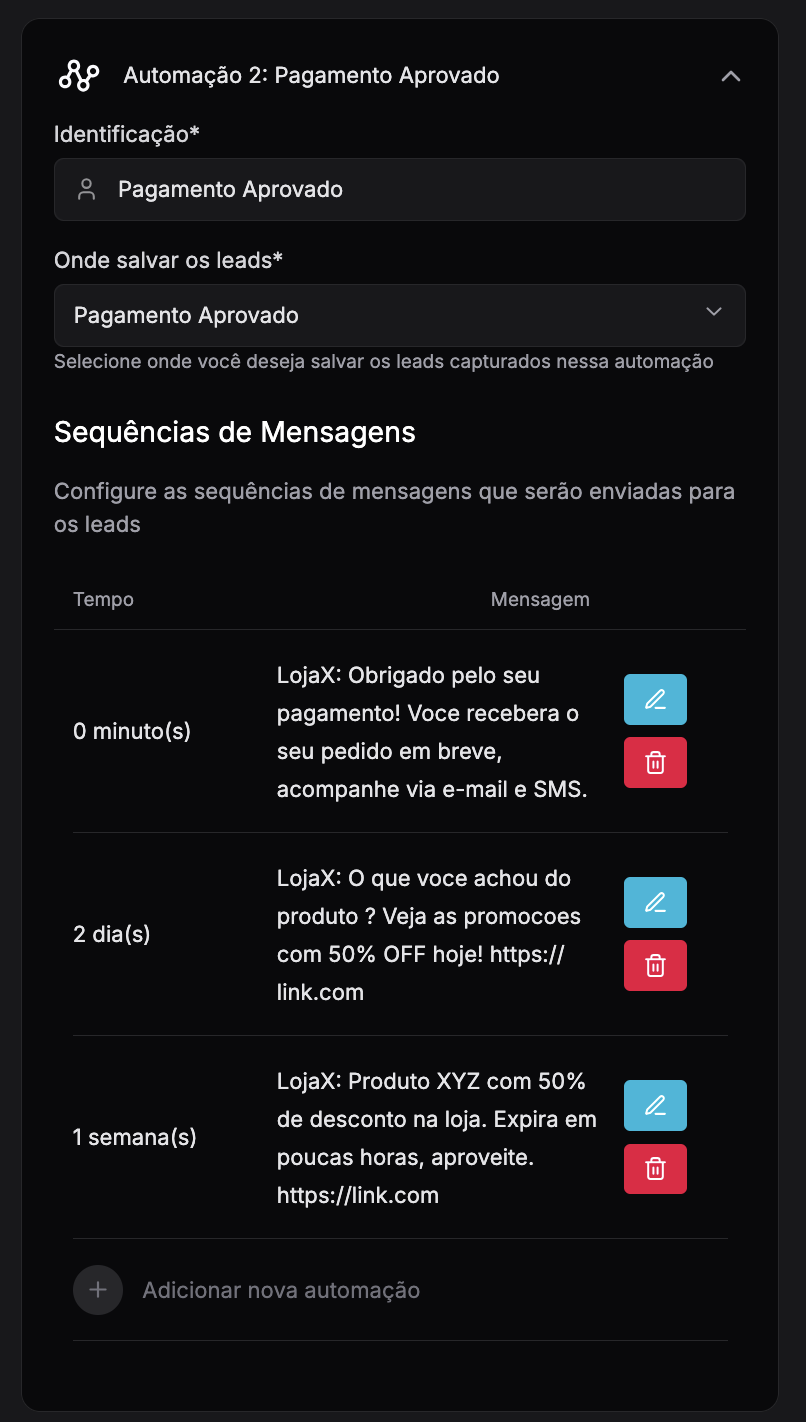 Panel de automatizaciones de Integrax — configurando secuencia de mensajes con desencadenante, identificación, intervalo y variables